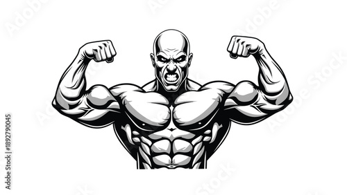 Gritty black and white illustration of a bald muscular man flexing his biceps with a fierce and determined facial expression.