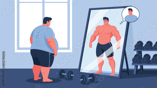 Overweight man looking in a mirror and seeing a reflection of himself as a muscular bodybuilder in a gym environment.
