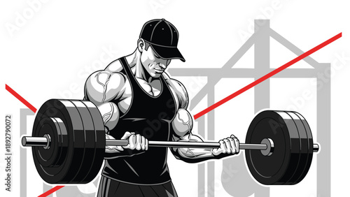 Strong bodybuilder in a black tank top and cap performing bicep curls with a heavy barbell in a gym workout illustration.