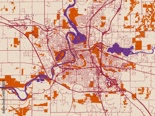 Street network map of Eau Claire, Wisconsin, muted violet water and terracotta