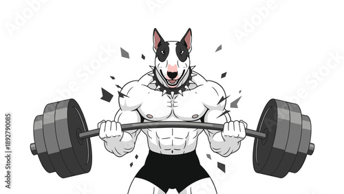 Powerful muscular bull terrier dog flexing its muscles while lifting a heavy weight in a dynamic fitness illustration.