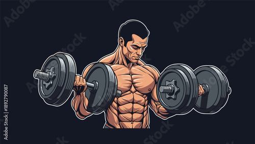 Bodybuilder performing bicep curls with heavy dumbbells while showing off his intense muscle definition against a dark background.