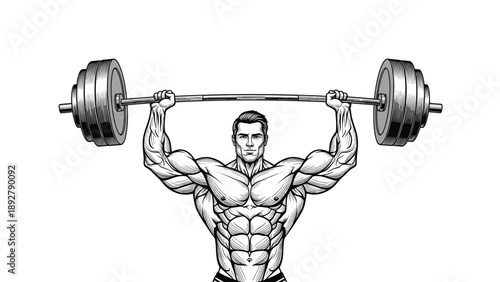 Professional bodybuilder performing a heavy overhead barbell press in a clean black and white line art illustration.