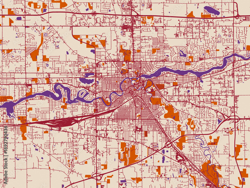 Obraz premium Street network map of Elkhart, Indiana, burgundy linework on cream