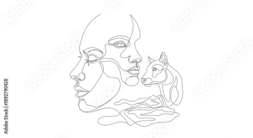 Minimalist line art illustration depicting a serene woman's profile intertwined with the outline of a gentle fox, symbolizing a harmonious connection between humanity and nature