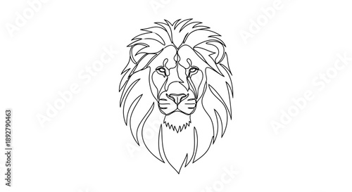 Striking faceline art of a lion's head, showcasing its majestic mane and powerful gaze in a minimalist, single-line drawing style that emphasizes its regal presence