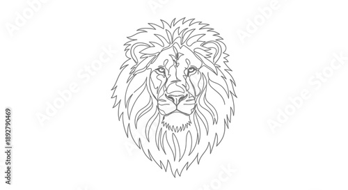 An artistic and minimalist line art illustration of a regal lion's face, featuring a flowing mane and intricate facial details, presented on a clean white background