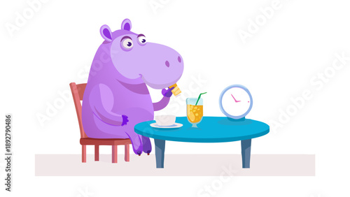 A funny purple hippo sitting at a dinner table, staring at a clock with a glass of water and a date in front of him.