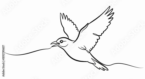 Line art illustration of a bird in flight carrying a strand of nesting material in its beak, capturing the essence of nature and the instinct of creation