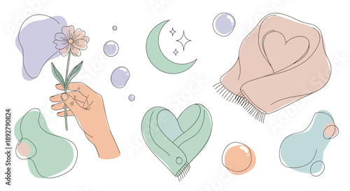 Whimsical minimalist illustrations of love and nature with hand holding flower