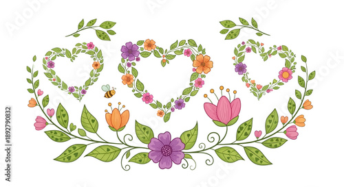 Vibrant floral heart shapes with leaves and flowers arrangement