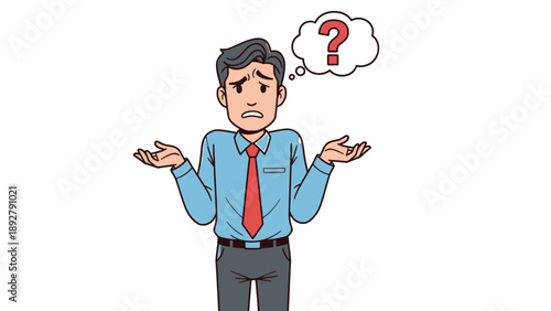 Confused businessman with question mark thought bubble.