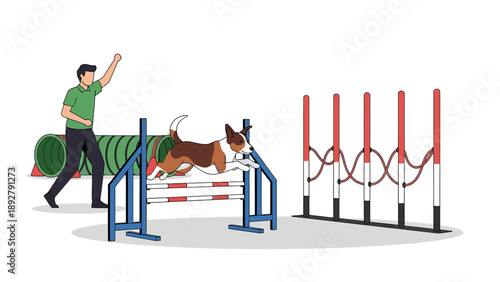 dog jumping obstacle course with handler.