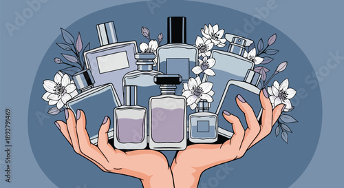 Hands holding variety of glass perfume bottles with floral scent