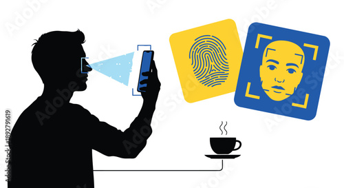 Man uses smartphone for biometric authentication with fingerprint and face recognition icons