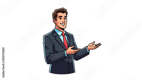 Businessman presenting with open hands gesture.