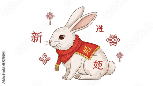 White rabbit with red scarf for Lunar New Year.