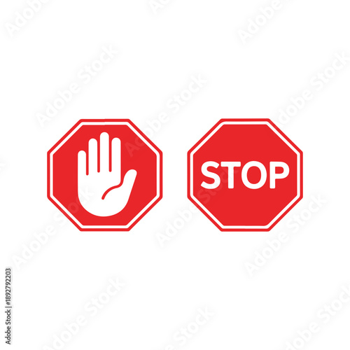 Warning signs indicating halt or stop with hand and text