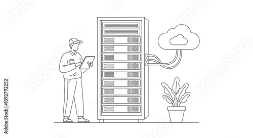 Man accessing server with cloud connection and potted plant nearby in tech illustration