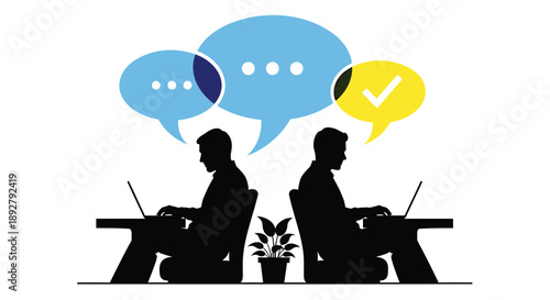 Two business professionals working on laptops with speech bubbles above teamwork and communication concept