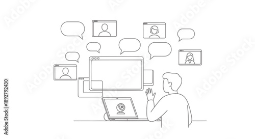 Man working on laptop with multiple screens and chat bubbles around him online