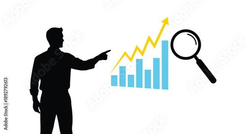 Businessman analyzing growing graph with magnifying glass pointing to rising chart