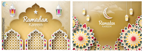 A colorful Ramadan Kareem greeting card with intricate designs and lanterns
