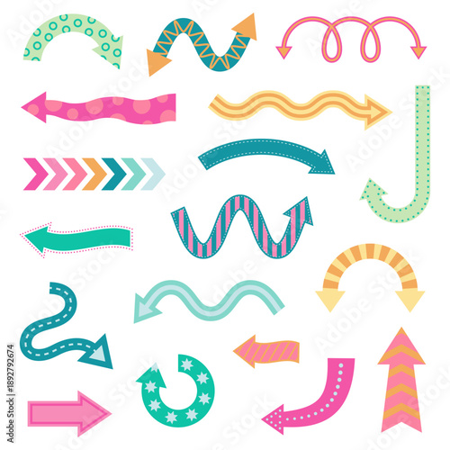 Multicolored collection of various arrows and signs directions. Straight, curved and circular arrows isolated on a plain white background.