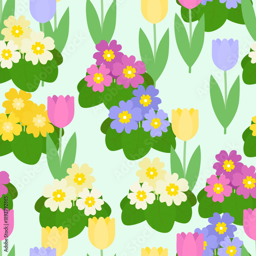 Spring flowers isolated on a light green background. Seamless pattern under clipping mask.Tulip and primrose on a flat style.