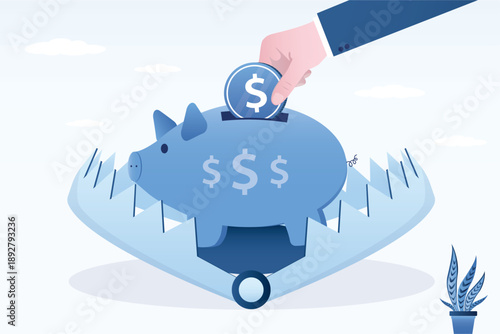 Businessman hand insert money in piggy bank into animal trap. Bait for investors, fake profit. Unattainable positive result in banking. Bait or lure for businesspeople or traders.