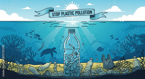 Underwater scene with plastic pollution and marine life