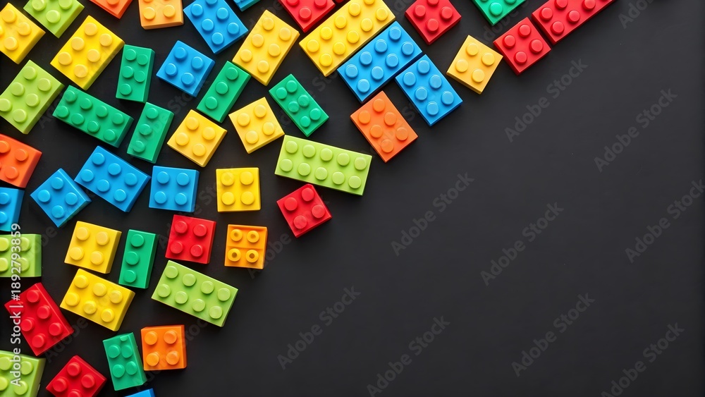 Fototapeta premium Colorful plastic building blocks scattered on black background