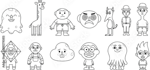 Cartoon character set, black and white line drawing, quirky faces, expressive figures, hand drawn style, whimsical design, vector illustration