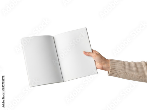 Hand holding an open blank notebook isolated on transparent background