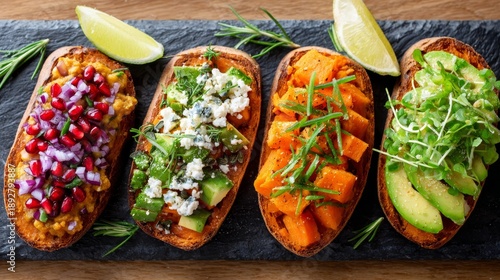 Four gourmet sweet potato toast slices with various colorful healthy toppings. Vegetarian lifestyle food for breakfast or snack.