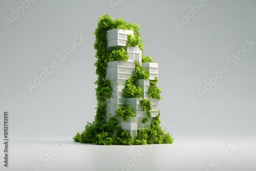 Abstract building design with green foliage integrated into the structure, showcasing a minimalistic architectural style against a neutral background