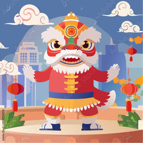 Vibrant illustration of a traditional Chinese lion dance performance set against a modern cityscape backdrop during a festive cultural celebration, embodying joy and prosperity