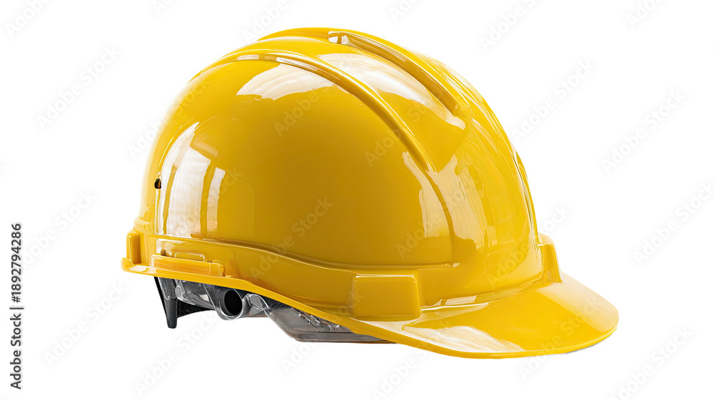 Fototapeta premium Yellow plastic safety helmet and hard hat isolated on white background as protective industrial headwear for construction work and builder protection equipment