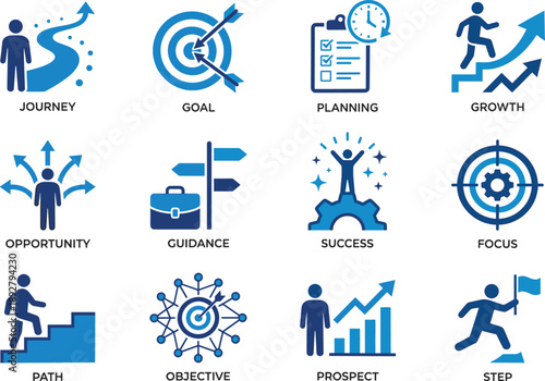 Business success strategy icons set illustrating journey goals planning growth opportunity focus guidance steps objectives prospects and achievement concepts