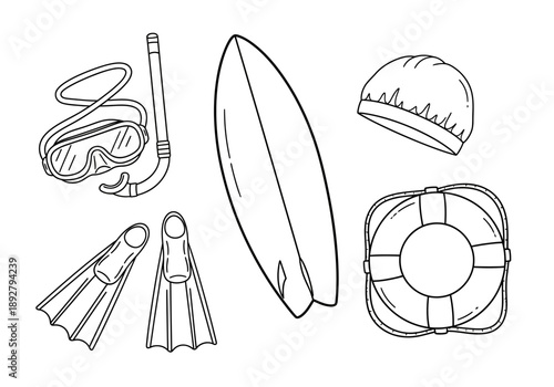 Black and white outline drawing of assorted water sport and safety gear