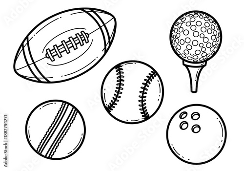Black and white outline drawings of five different sports balls football baseball cricket golf and bowling