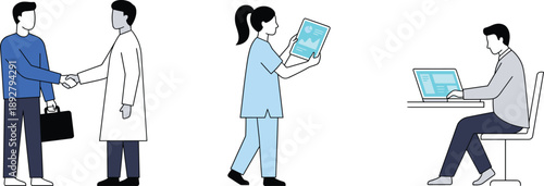 Business professionals working remotely and meeting in office, illustrating collaboration, digital communication, healthcare consultation, technology workflow illustration, modern corporate concept