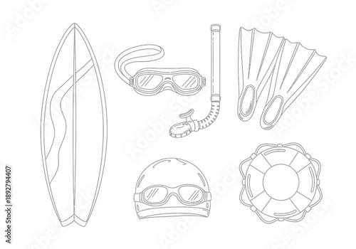 Outline drawings of water sports equipment surfboard goggles snorkel flippers swim cap and life preserver