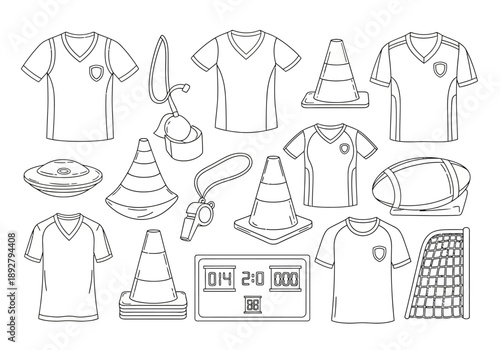Outline drawing of various sports equipment and uniforms on a white background