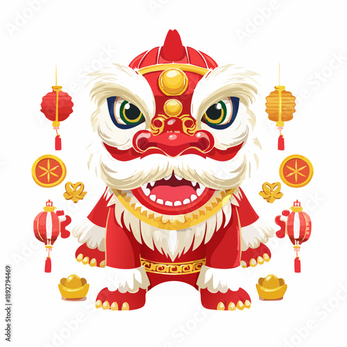 A traditional Chinese lion dance costume, adorned with intricate details and vibrant red and gold colors, is depicted in a festive illustration perfect for cultural celebrations