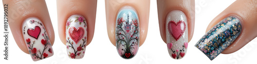 Collection of fake manicured nails for Valentine's day isolated on transparent background.