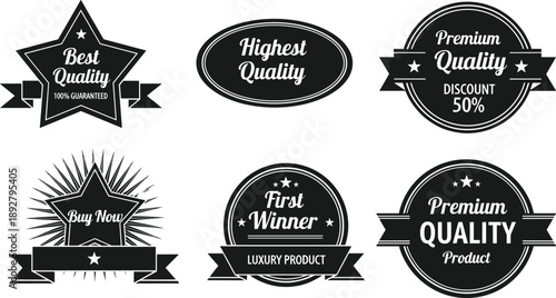 Black premium quality badges and vintage product labels collection with buy now star icons, discount seals, luxury winner emblem design