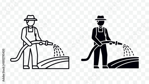 Set of 2 farmers watering plants vector icons isolated on Transparent Background