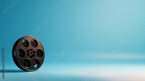 A film reel stands against a soft blue background, symbolizing cinema and storytelling in a minimalist composition.