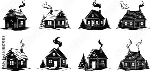 Black and white house illustration, chimney smoke vector, cozy cabin clipart, architectural drawing, winter home silhouette, rustic cottage design